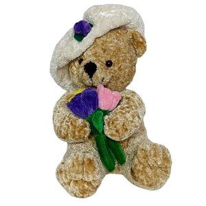 Unlimited Trading Group Brown Bear Holding Flowers Hat Stuffed Animal 13"